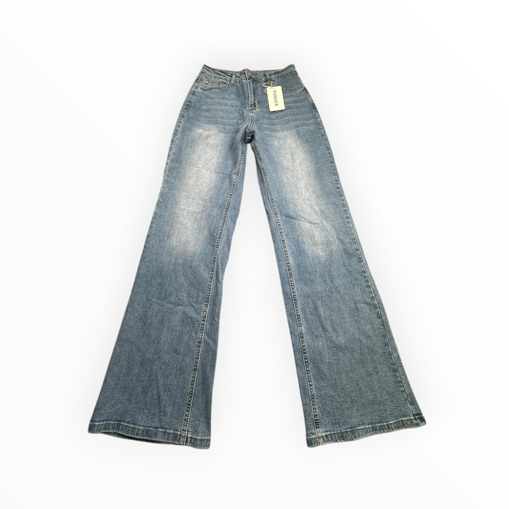 FUNUCA Jeans Womens 4‎ Blue Wide Leg Flare High Rise Faded Denim Trousers